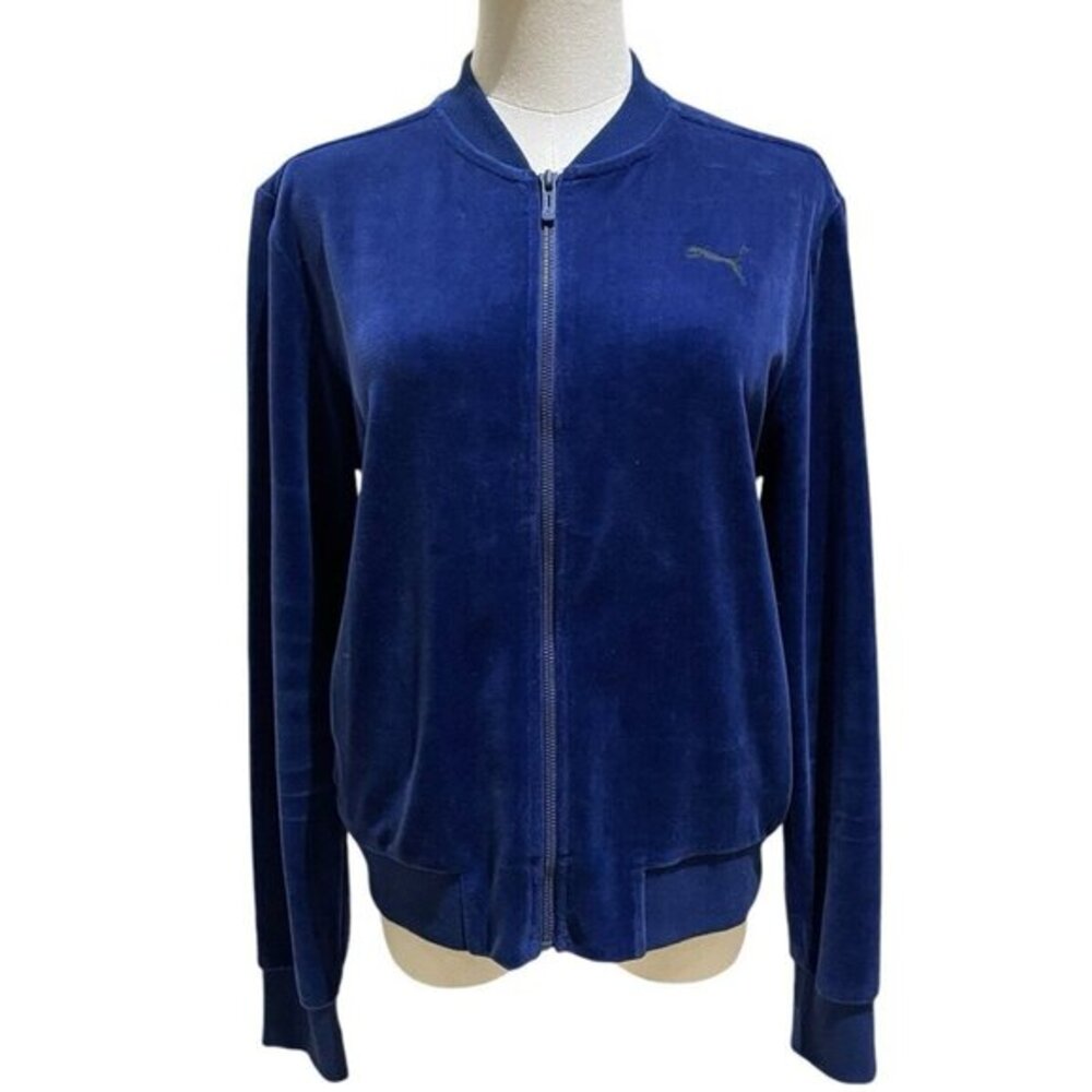 Puma Sweatshirt Navy Blue Velvet Velour Zipper Track Jacket SZ L